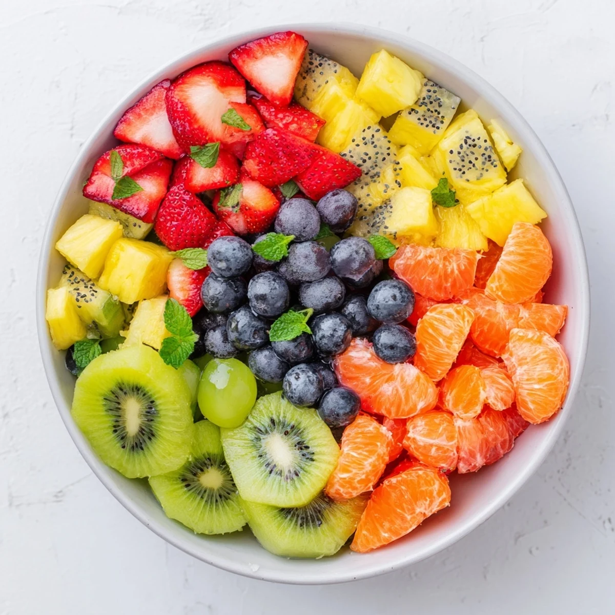 Festive Easter fruit salad arranged in clear glass bowl showcasing layered strawberries, grapes, mandarin oranges, and mint