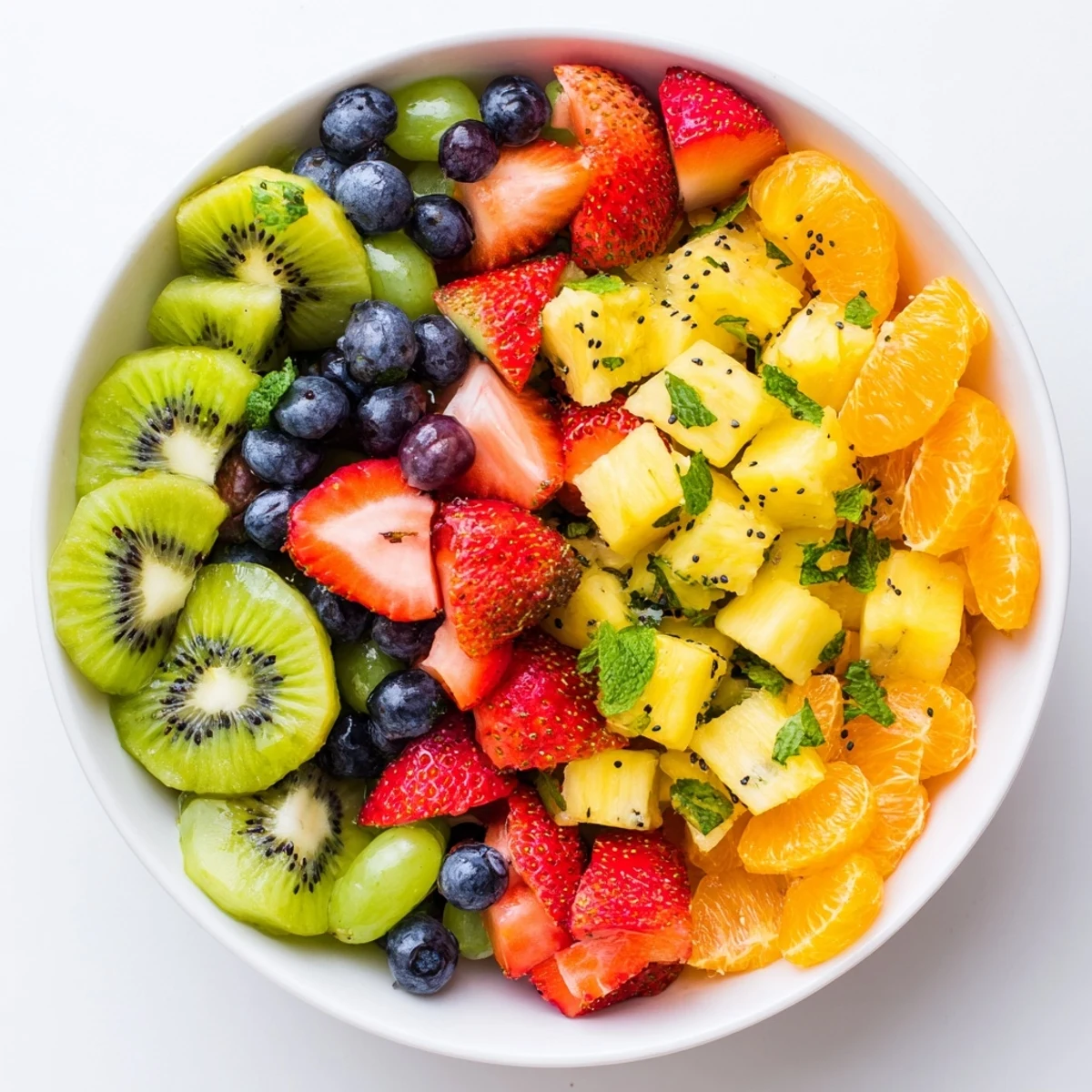 Refreshing Easter fruit salad featuring vibrant spring fruits in honey lime dressing with poppy seed garnish