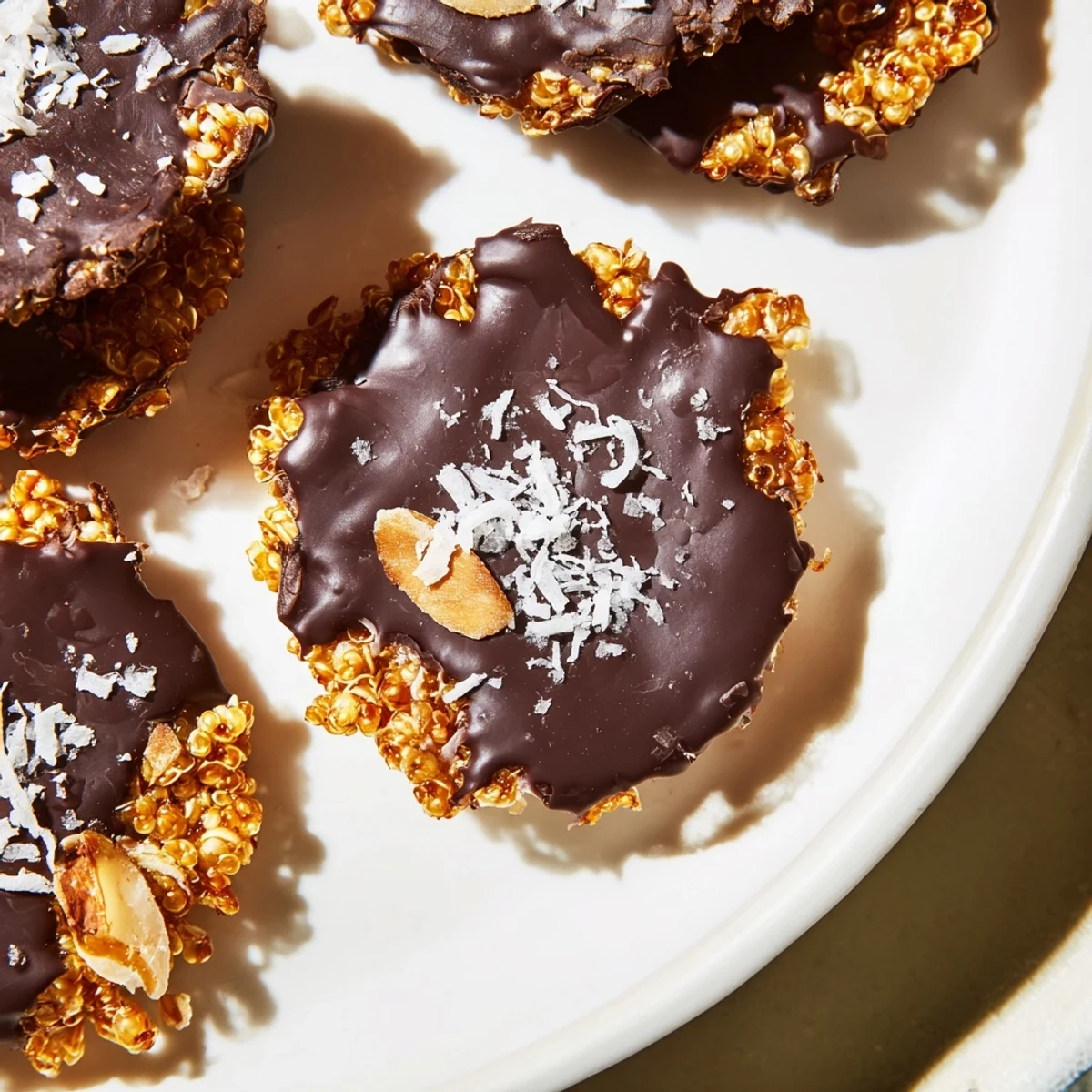 Golden dark chocolate quinoa crisps sprinkled with sea salt on a white plate