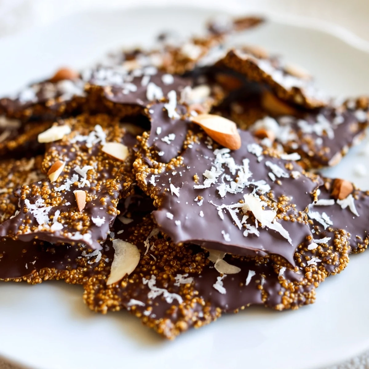 Bite-sized dark chocolate quinoa crisps arranged on a marble serving board