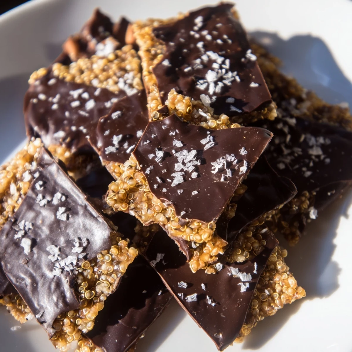 Homemade dark chocolate quinoa crisps with toasted quinoa bits visible in glossy chocolate