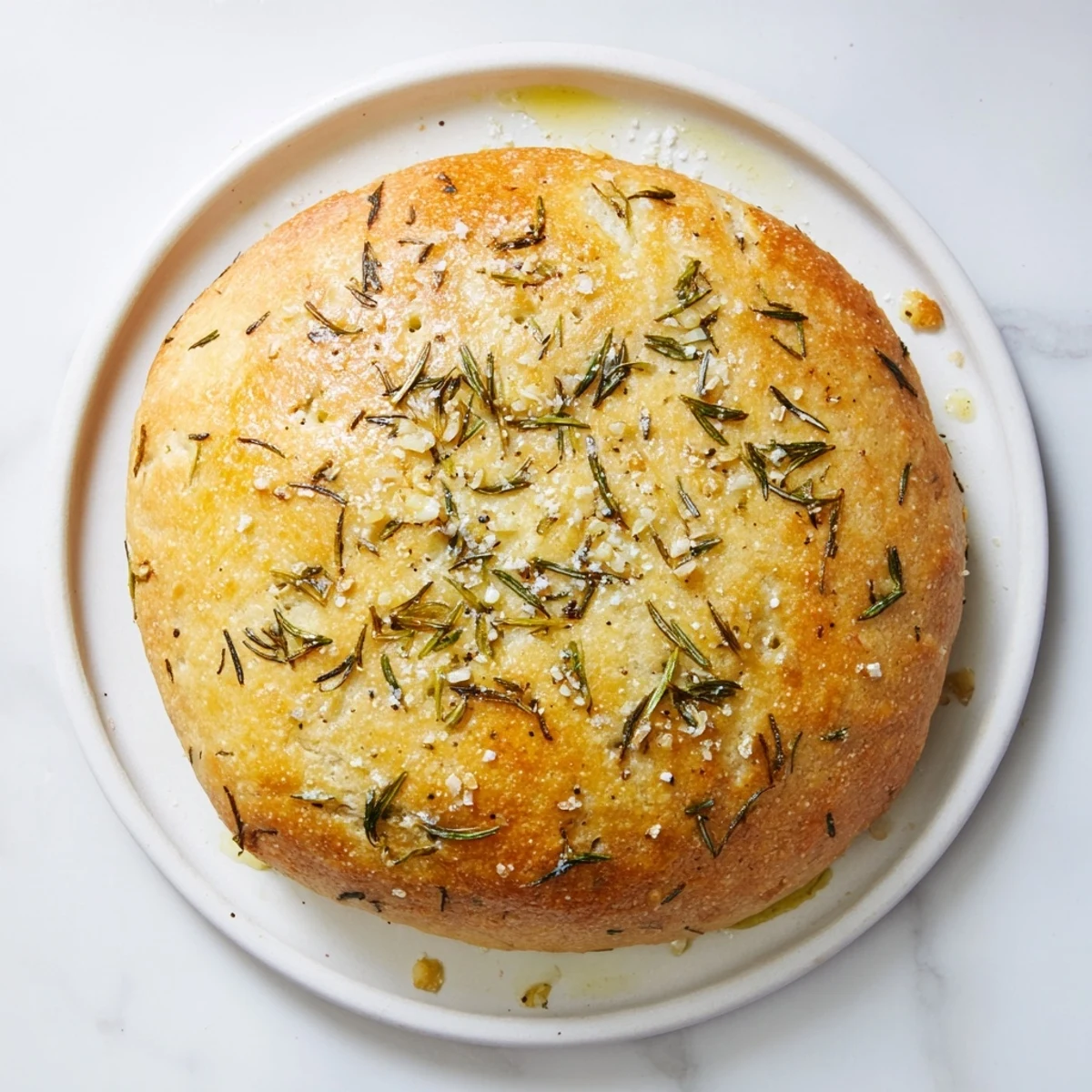 Golden rustic garlic rosemary skillet bread with flaky sea salt sprinkled on top