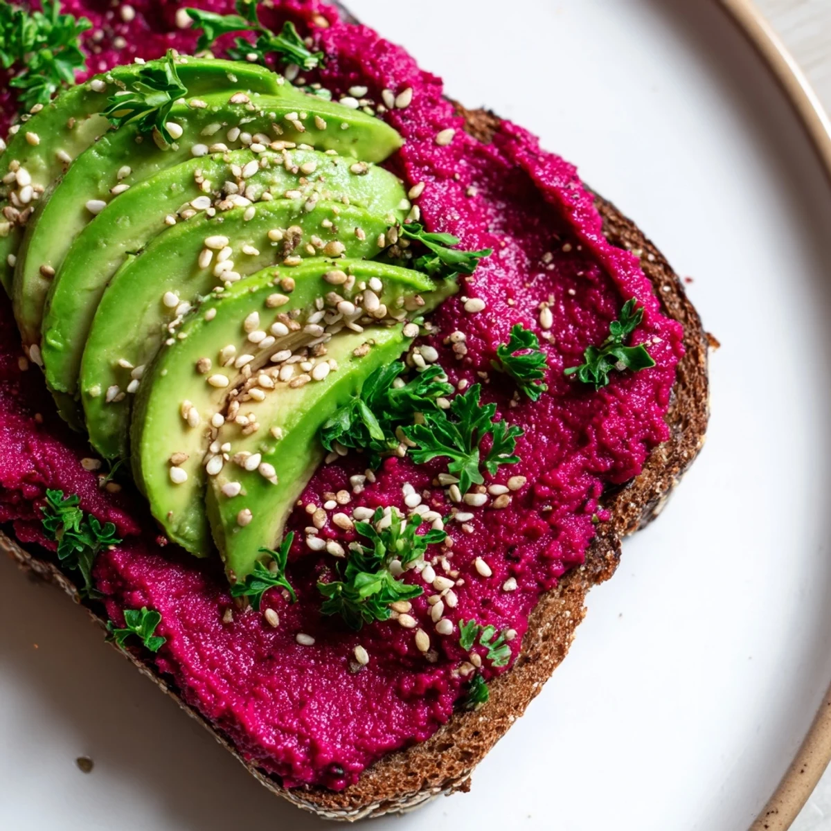 Vibrant avocado beet hummus toast with creamy spread and sliced avocado on toasted bread