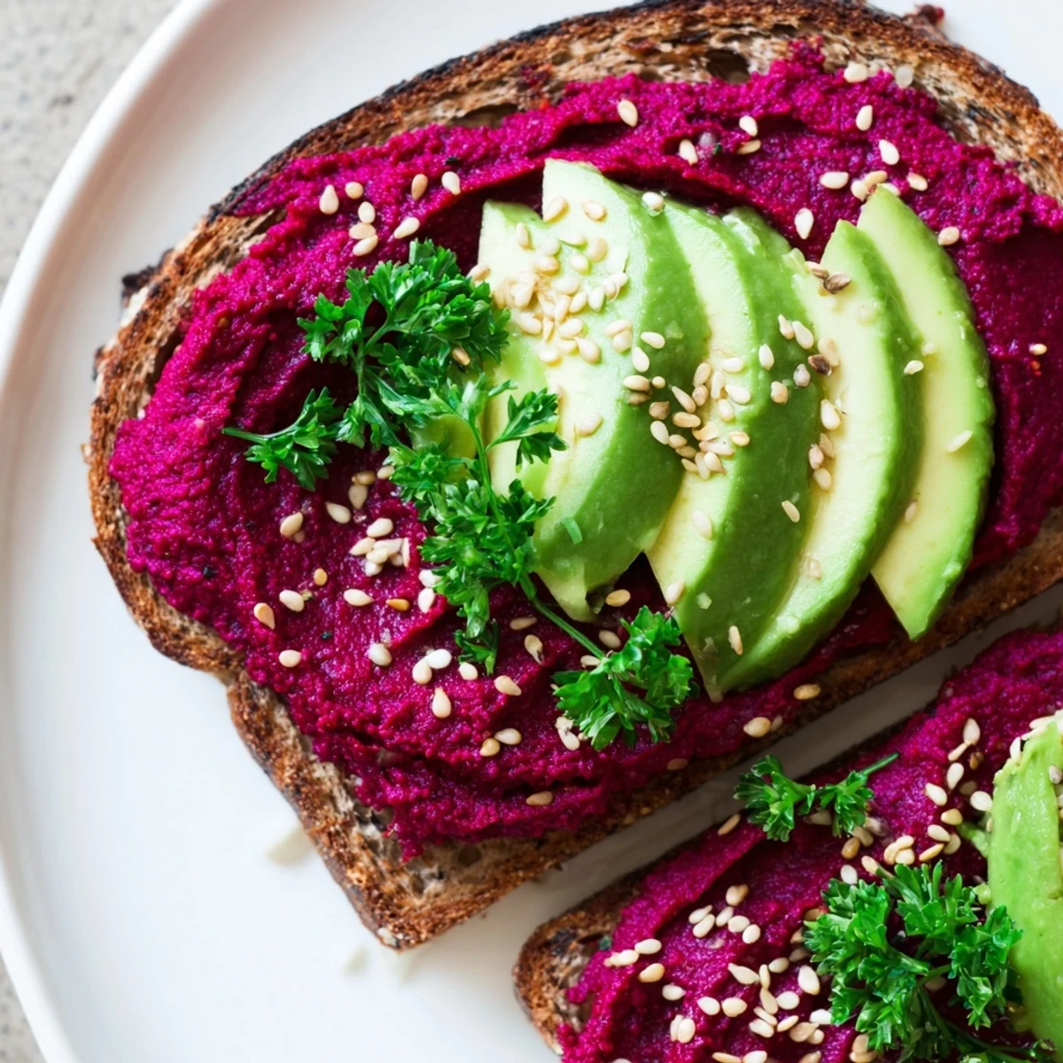 Colorful avocado beet hummus toast featuring pink beet hummus layered with ripe avocado on sourdough