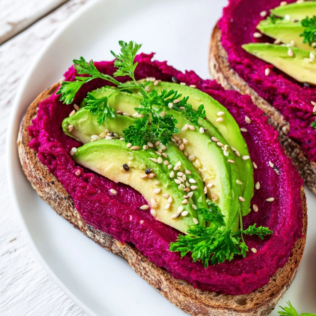 Open-faced avocado beet hummus toast topped with fresh avocado slices and sesame seed garnish