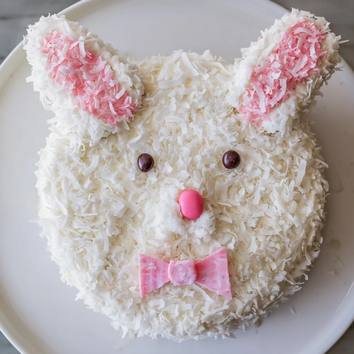 Adorable bunny cake with coconut fur, pink fondant ears, and candy face decorations on white serving platter