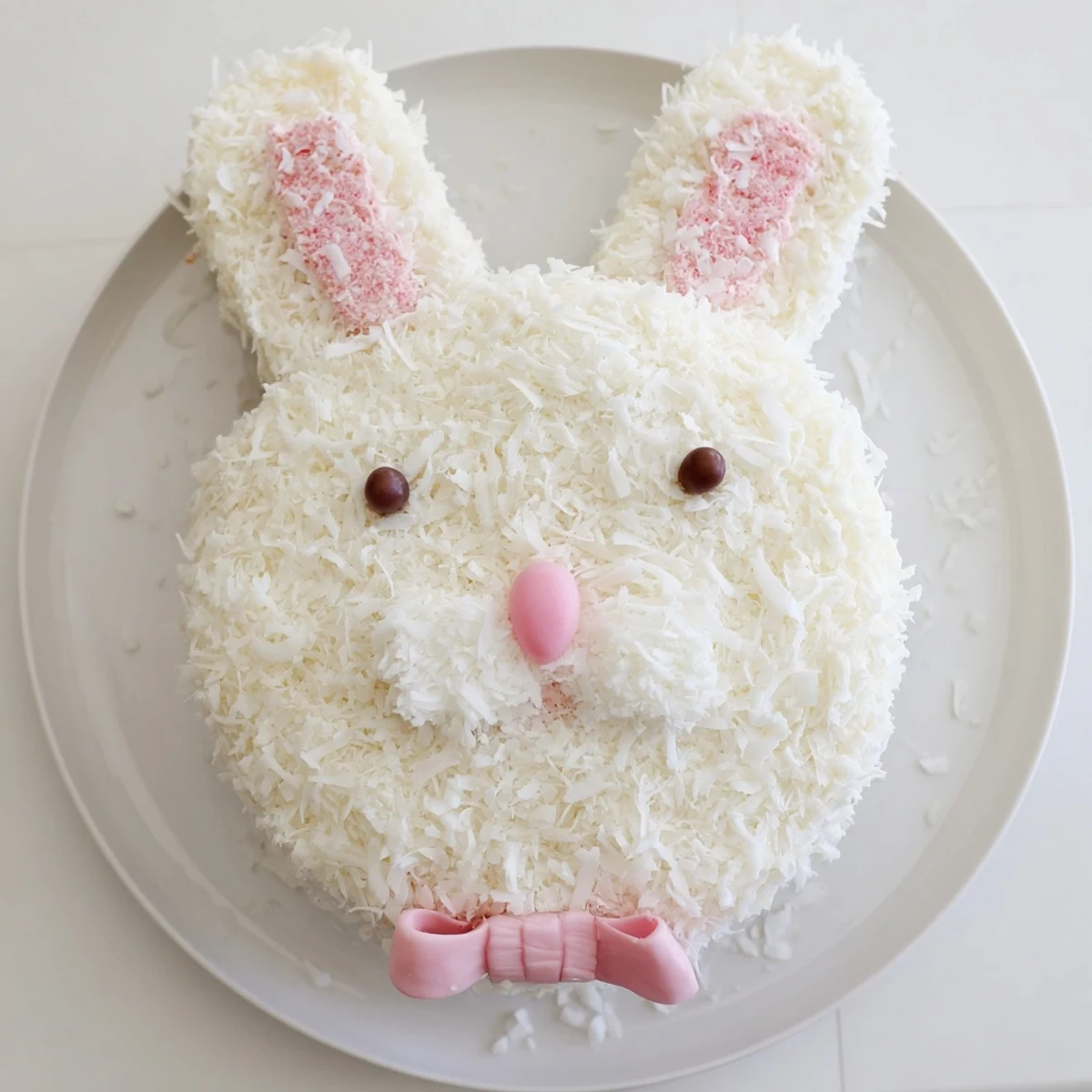 Fluffy buttercream bunny cake shaped like a rabbit face with shredded coconut coating and jelly bean features