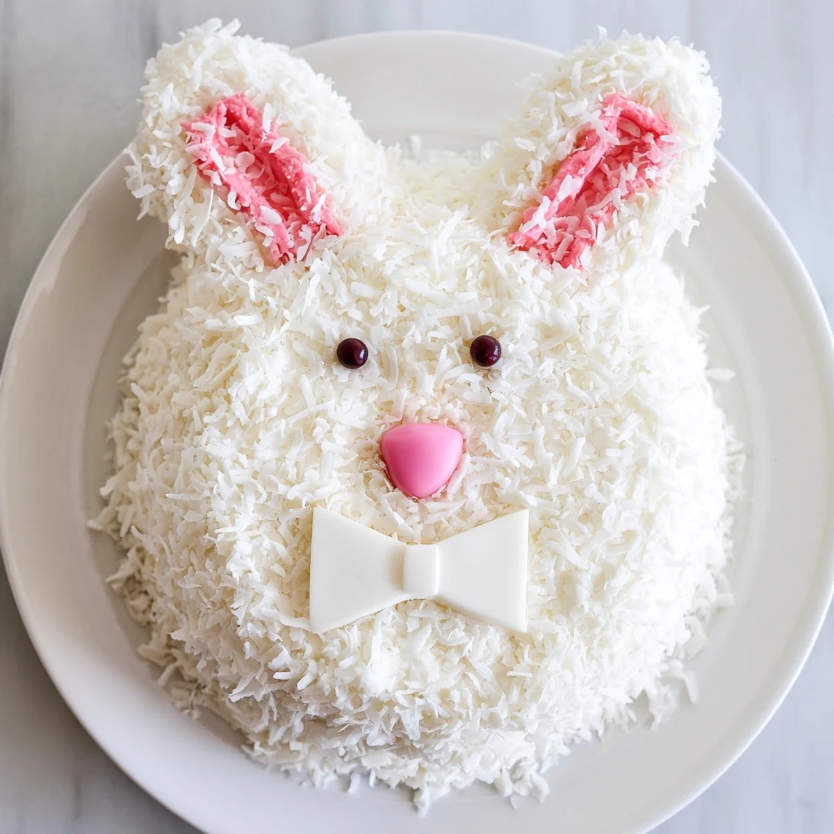Easter bunny cake decorated with sweetened coconut fur, pink tinted ears, and whimsical candy eyes and nose