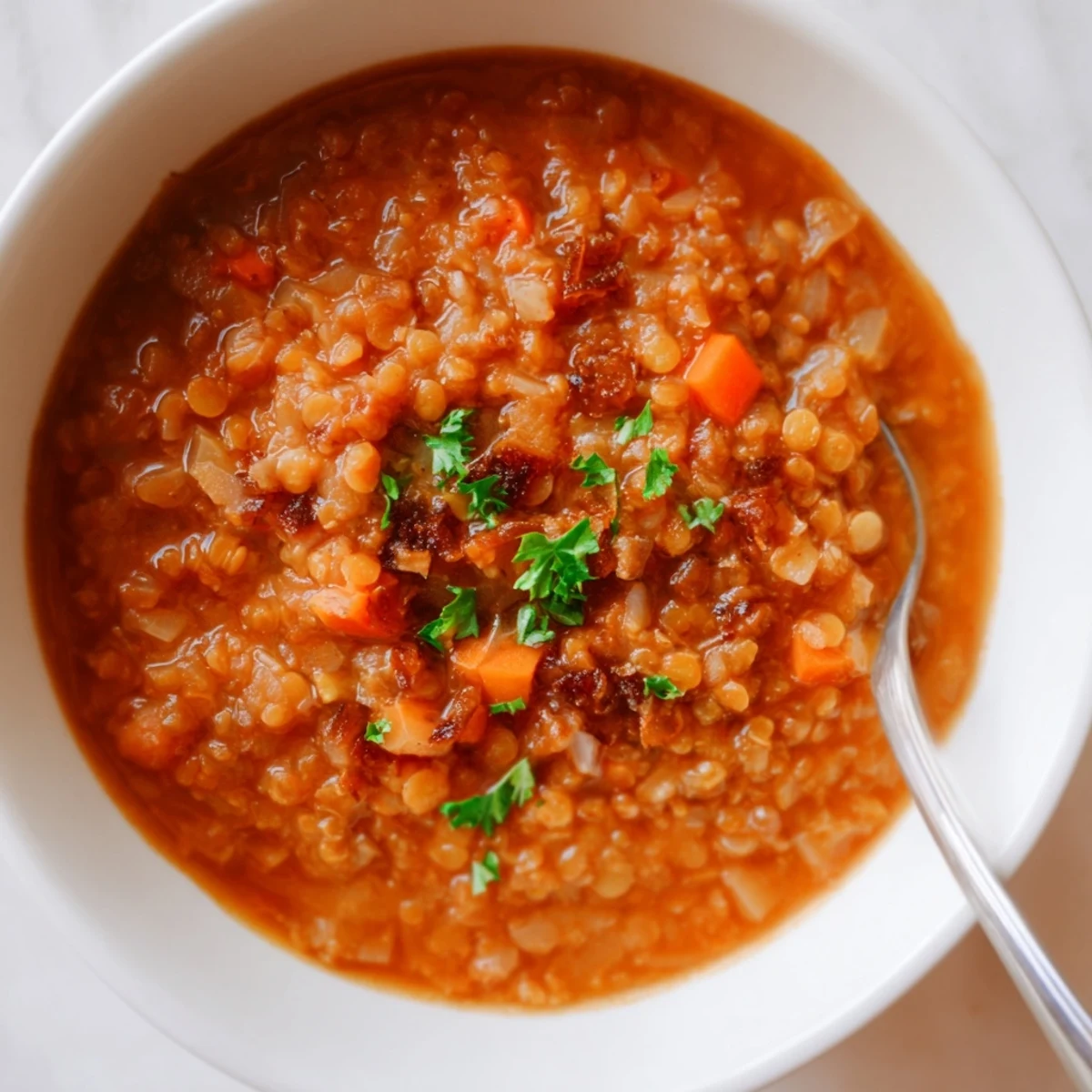 Creamy caramelized onion red lentil soup garnished with fresh parsley in a white bowl