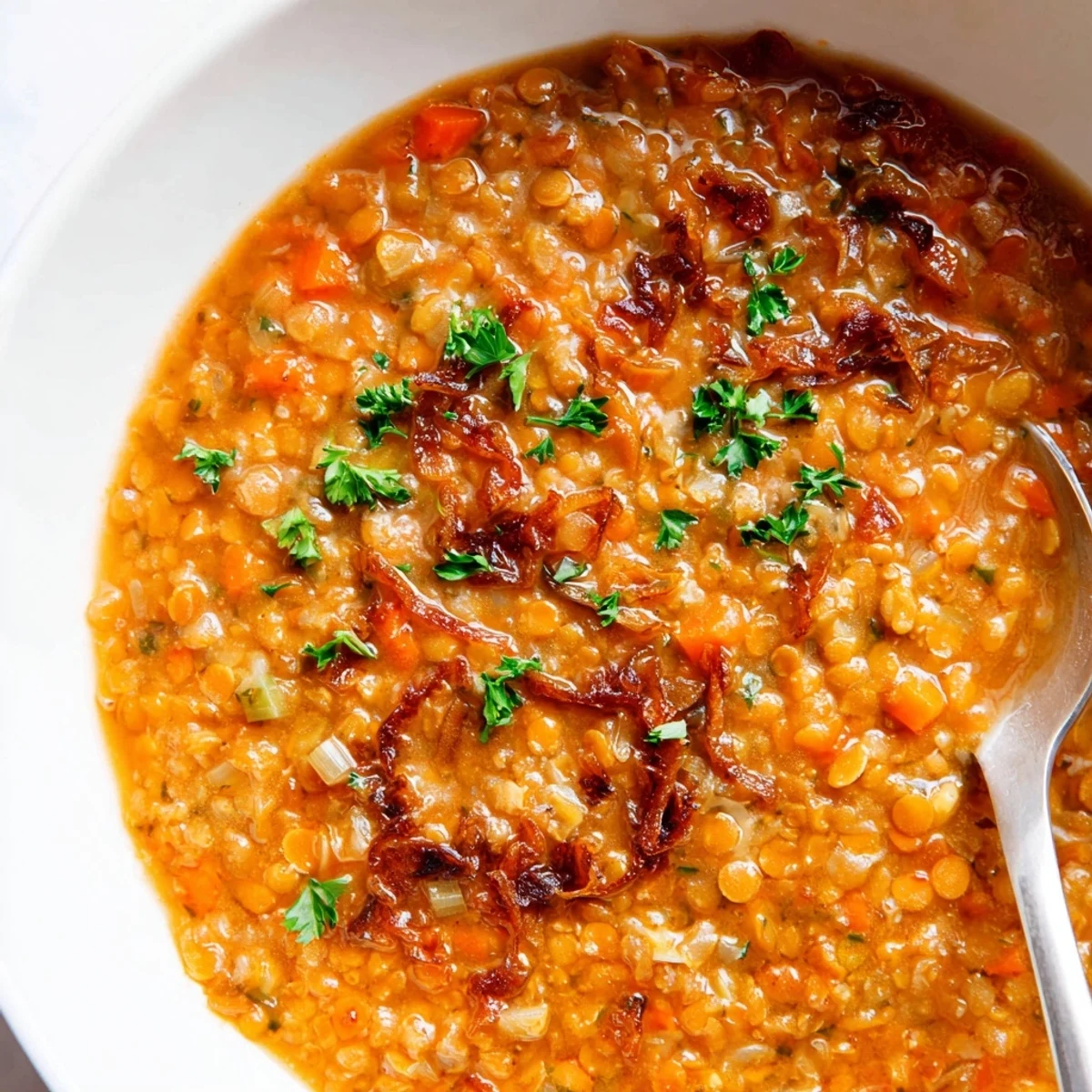 Golden caramelized onion red lentil soup topped with chopped parsley and lemon wedge