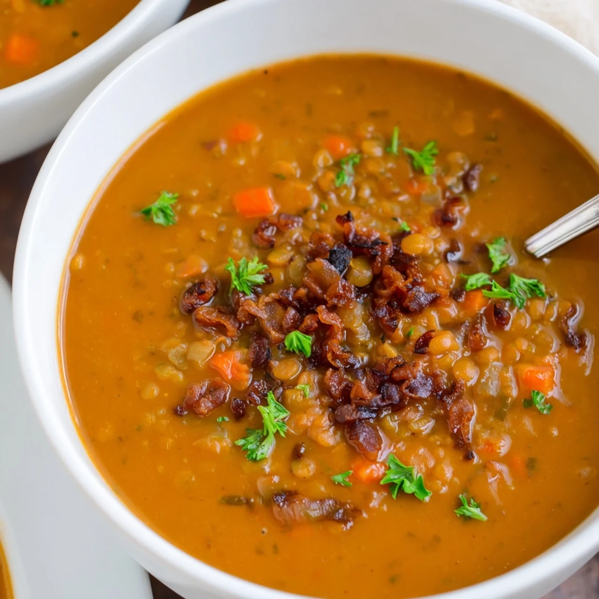 Steaming bowl of caramelized onion red lentil soup with vibrant green parsley garnish