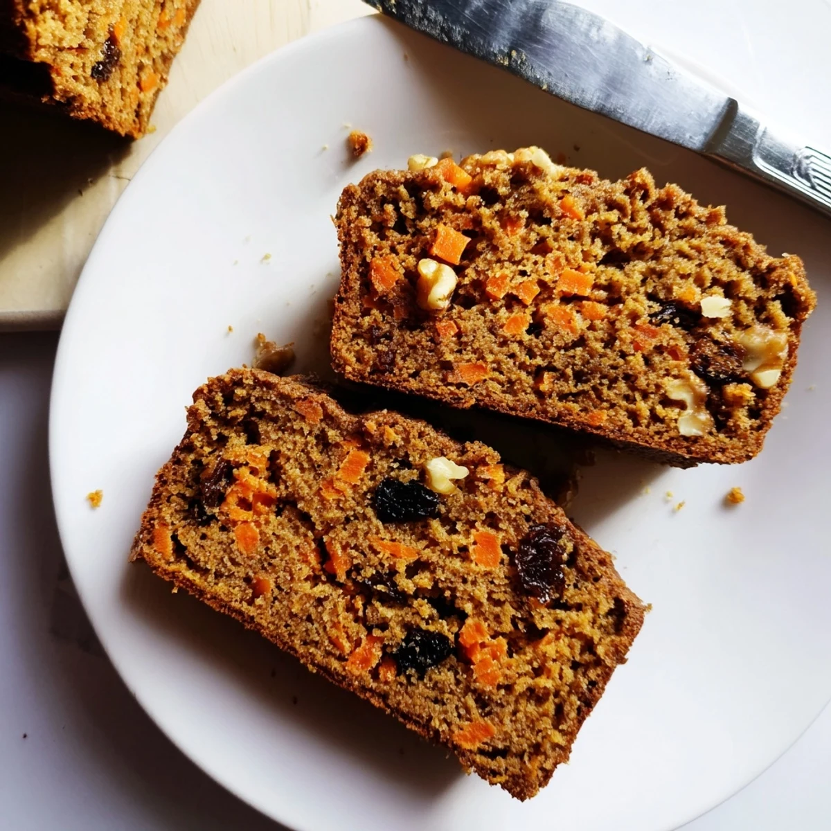 Moist carrot cake banana bread loaf topped with chopped walnuts on a wooden board