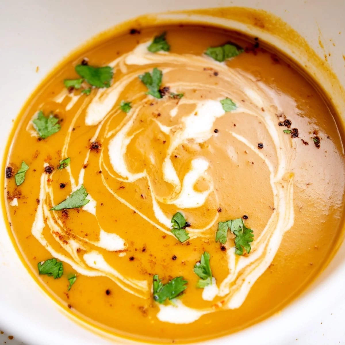 Creamy spicy apple soup garnished with fresh herbs and coconut cream swirl in a white bowl