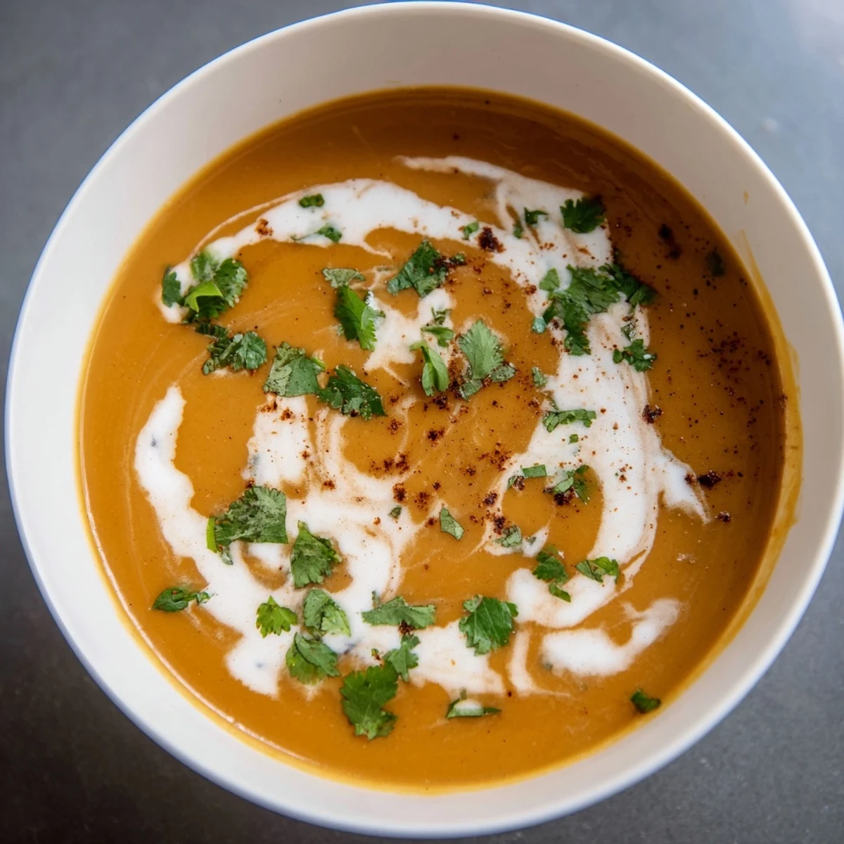 Vibrant orange spicy apple soup ladled into rustic bowls topped with fresh coriander for autumn comfort