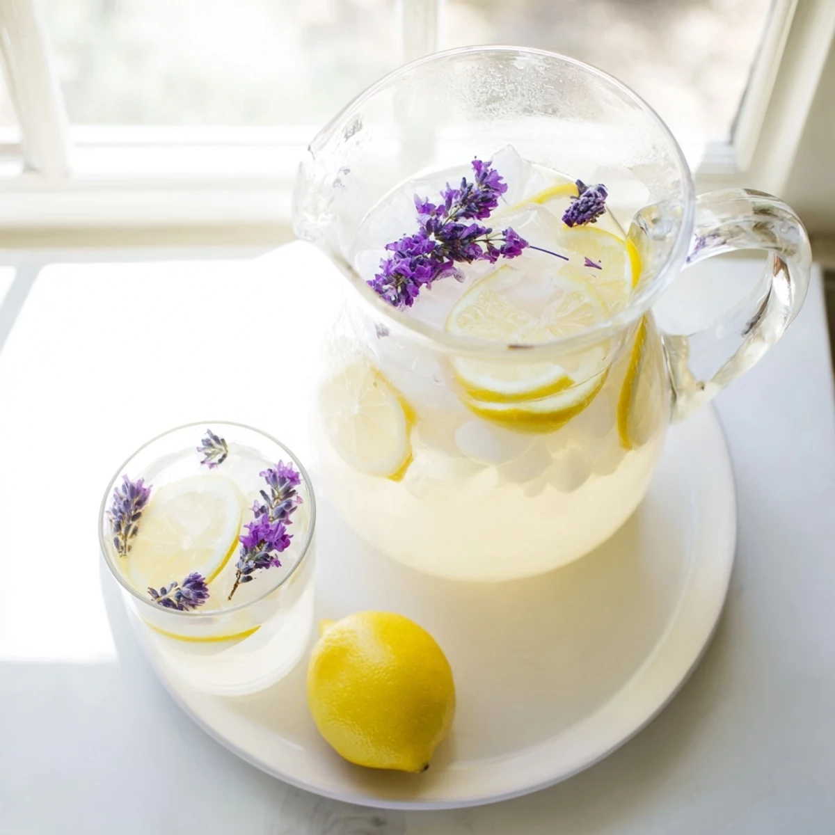 Glass pitcher of lavender lemonade garnished with fresh lemon slices and purple lavender sprigs on ice
