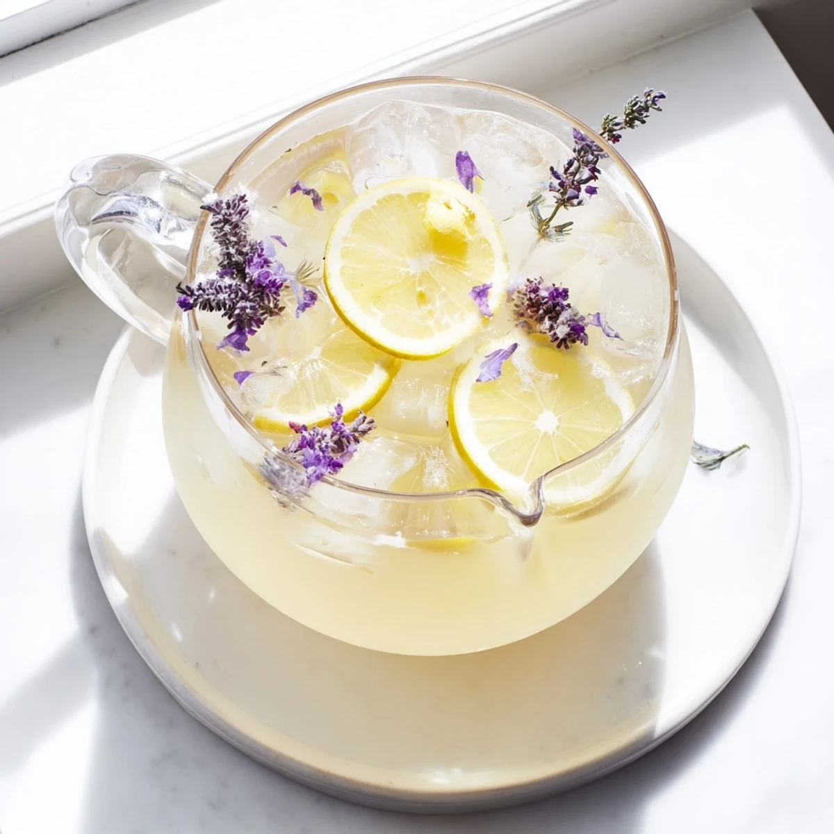 Refreshing lavender lemonade served in a mason jar with ice and a delicate lavender sprig garnish