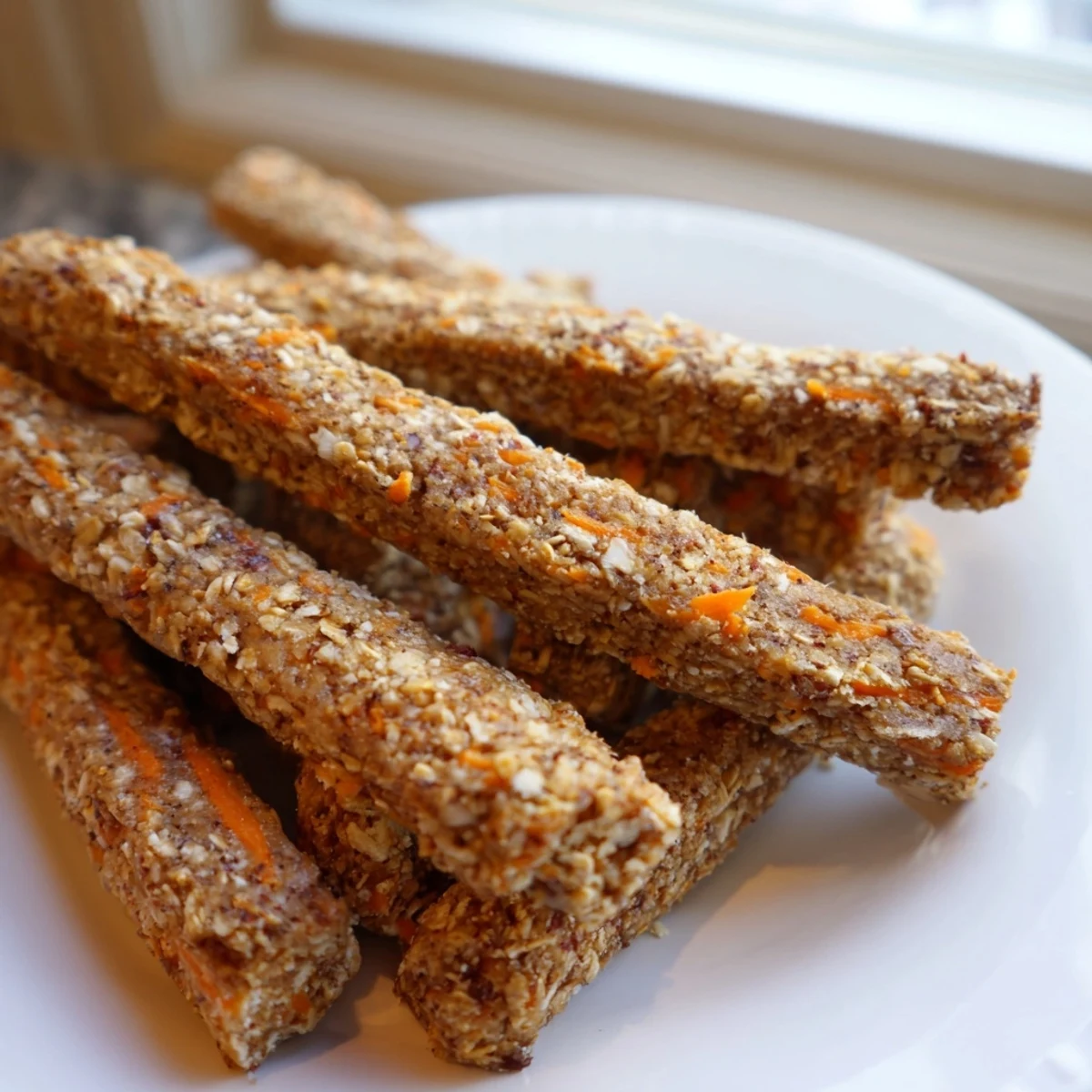 Crunchy homemade apple and carrot dog chew sticks cooling on a baking sheet ready for pups