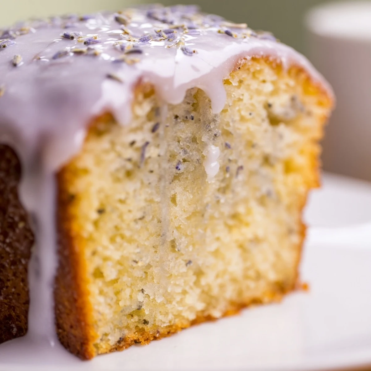 A slice of lavender cake with lemon glaze on a decorative white plate