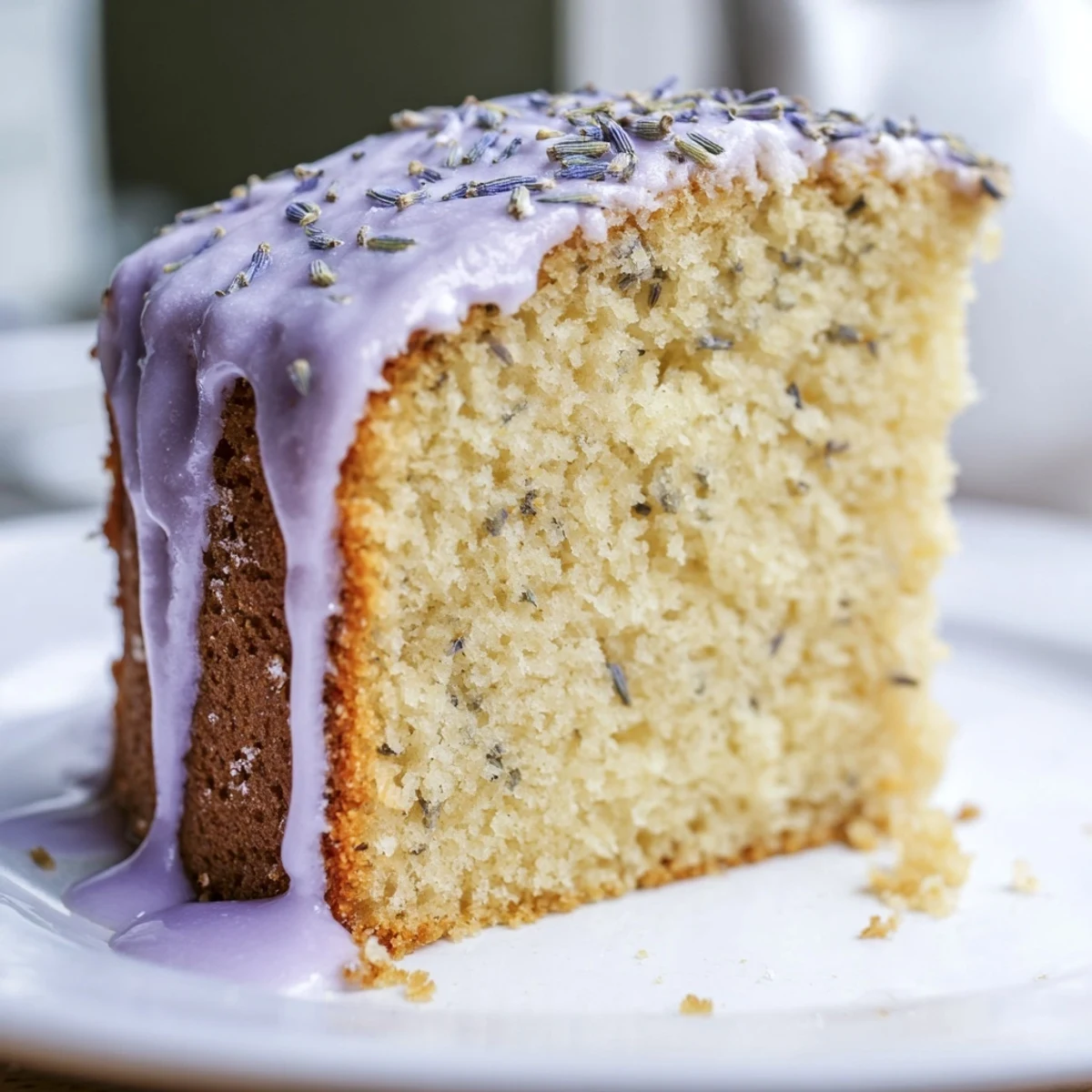 Moist lavender cake topped with sparkling lemon drizzle and scattered purple buds