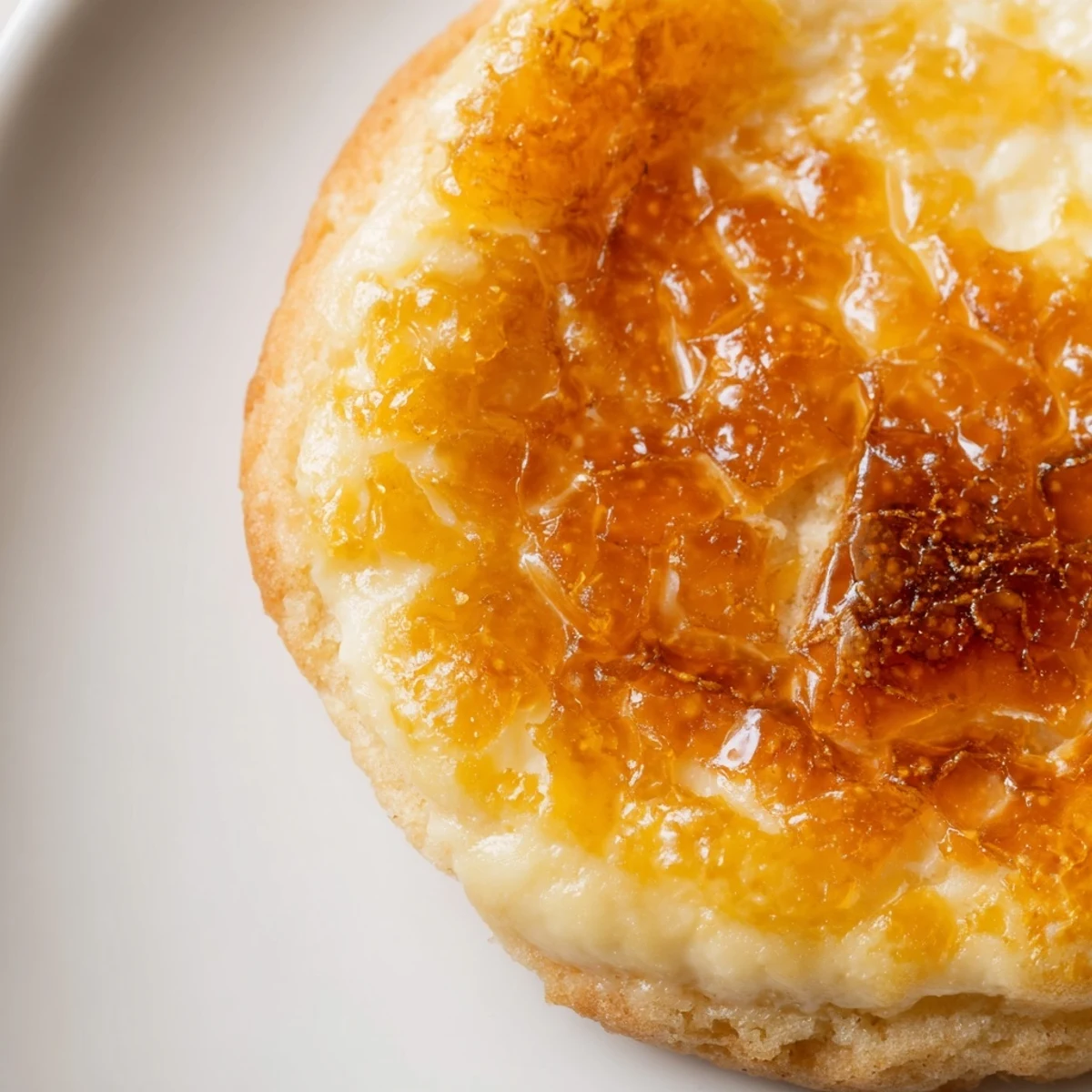 Golden Creme Brulee Cookies with caramelized sugar tops and creamy vanilla centers on rustic bakeware