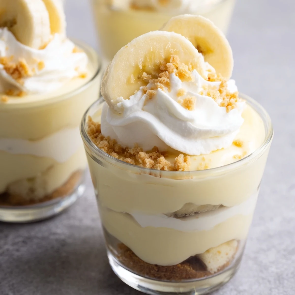 Creamy no bake banana pudding cheesecake cups topped with fresh banana slices and crunchy vanilla wafer crumbs