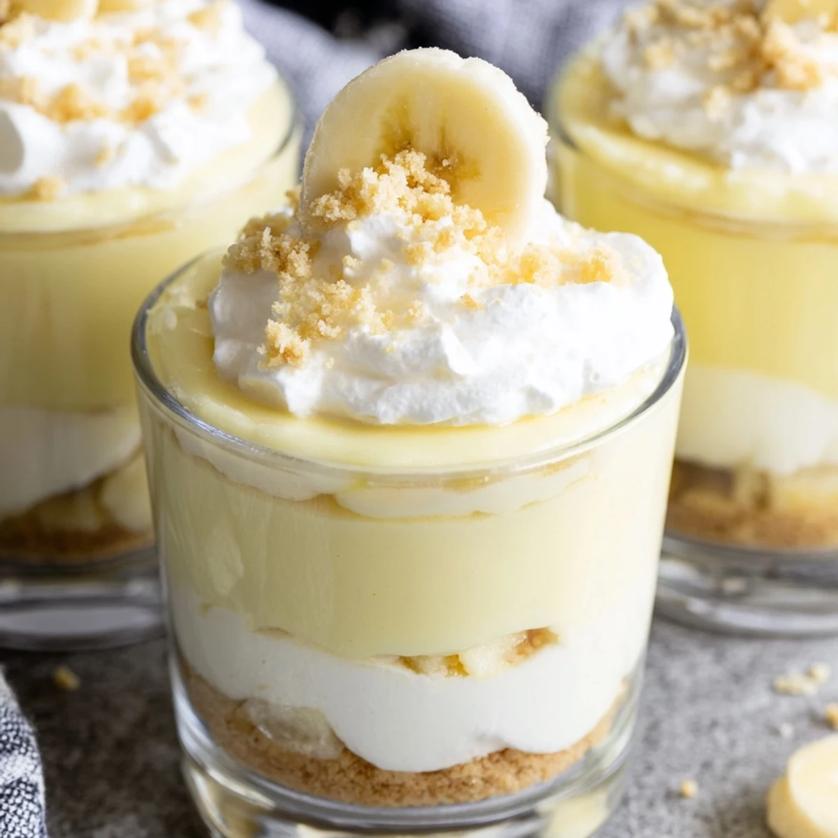 Individual no bake banana pudding cheesecake cups featuring layered cheesecake filling and silky banana pudding