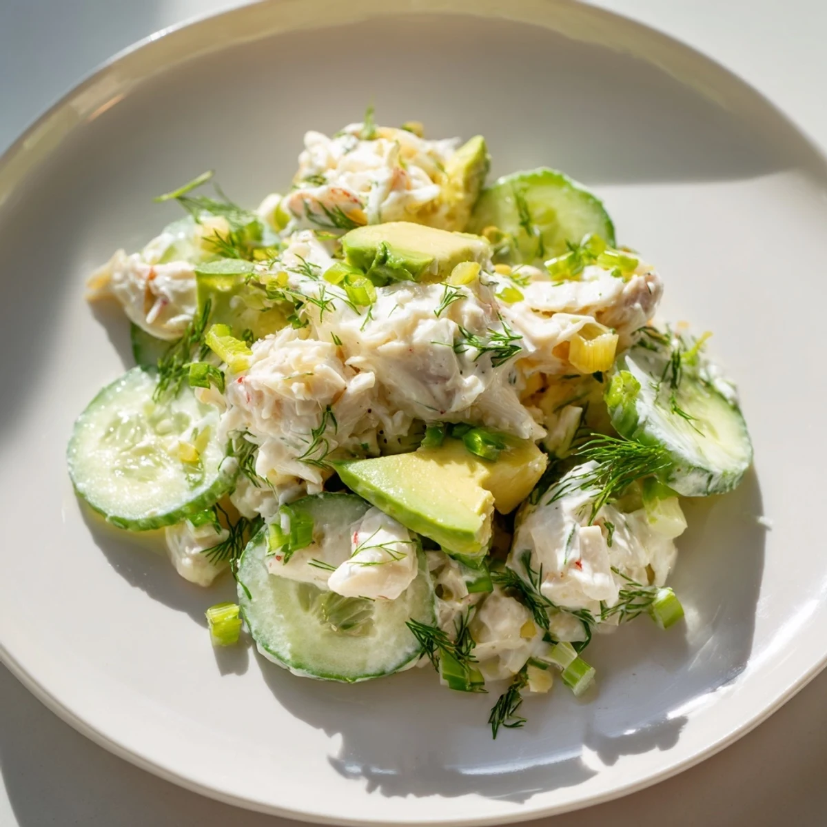 Creamy cucumber salad with crab meat served in a white ceramic bowl