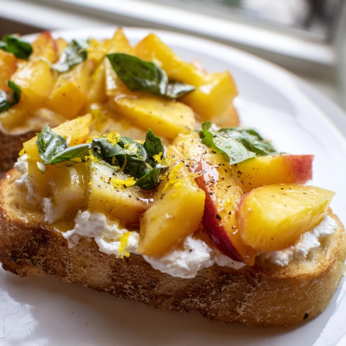 Golden toasted baguette slices topped with creamy ricotta and fresh Sun Kissed Peach Bruschetta