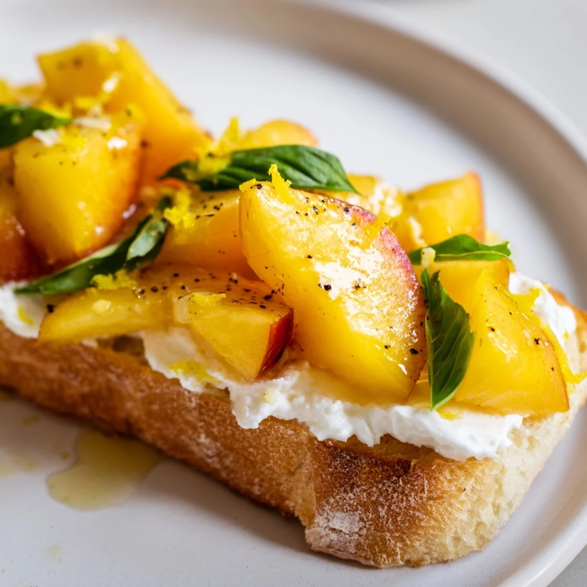 Juicy ripe peaches and basil spooned over crisp bread in this Sun Kissed Peach Bruschetta