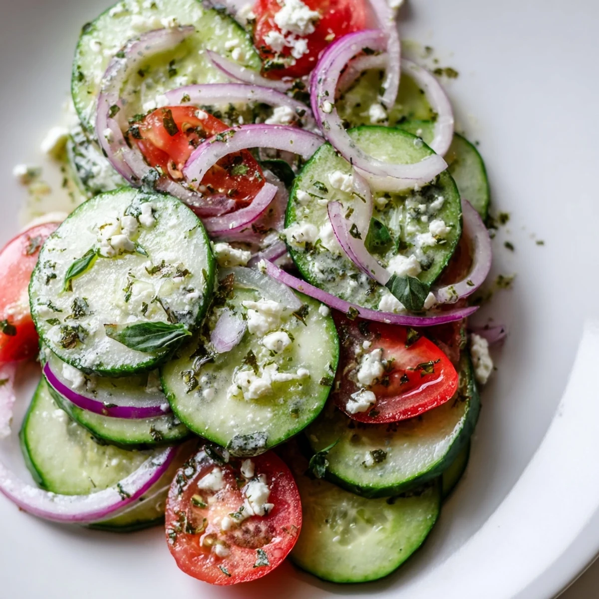 Fresh Italian cucumber salad with ripe tomatoes and zesty herb dressing in white bowl