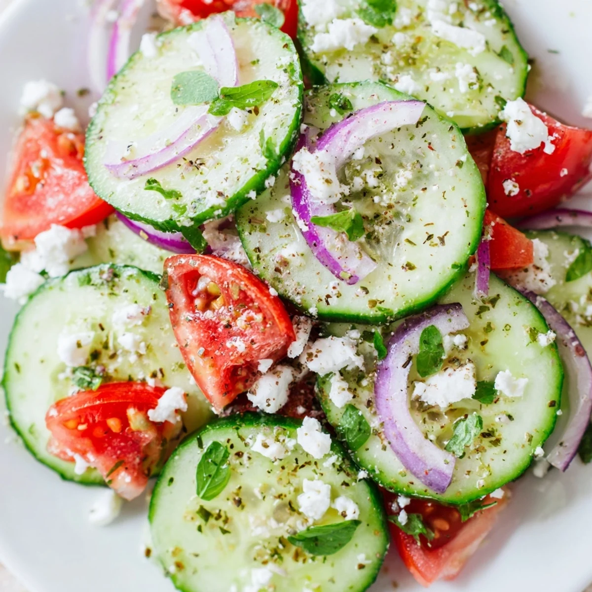 Crisp Italian cucumber salad topped with crumbled feta cheese and fresh basil garnish