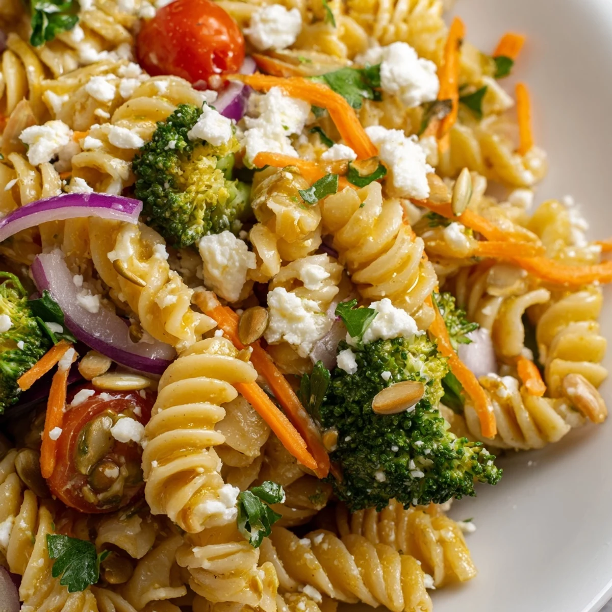 Fresh broccoli pasta salad in a white bowl topped with crumbled feta and sunflower seeds