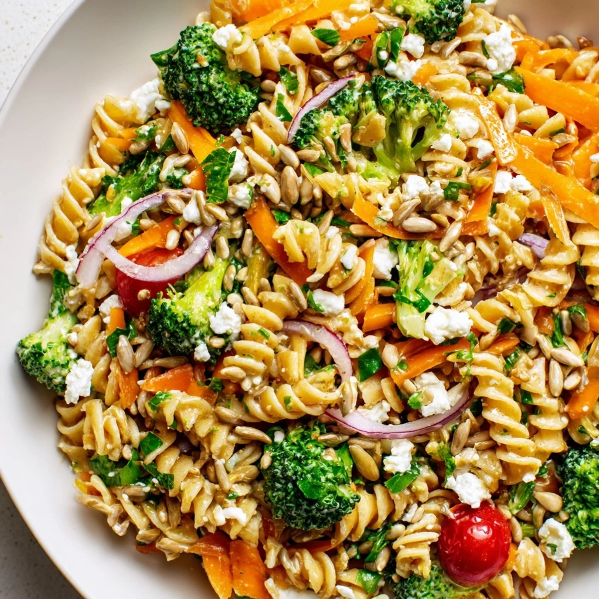 Colorful broccoli pasta salad featuring cherry tomatoes red onions and zesty lemon herb dressing