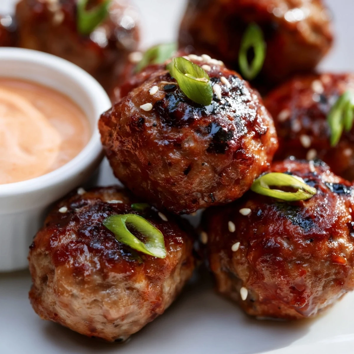 Golden brown Korean BBQ meatballs topped with sesame seeds and fresh green onion garnish on a white platter