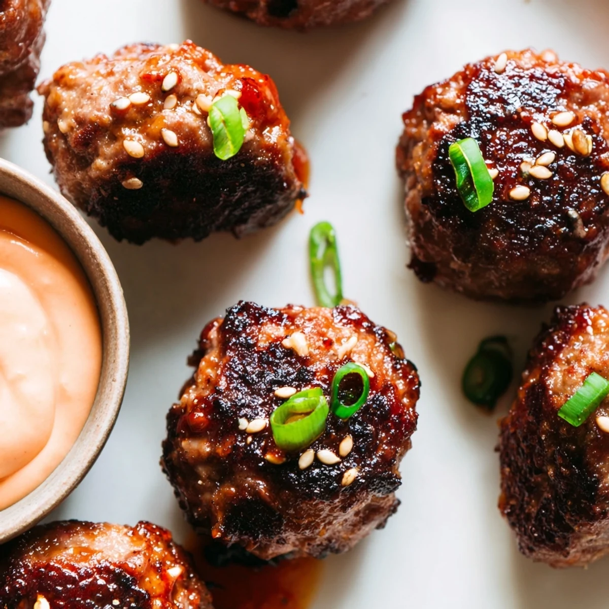 Crispy baked Korean BBQ meatballs arranged beside a small bowl of creamy orange spicy mayo dipping sauce