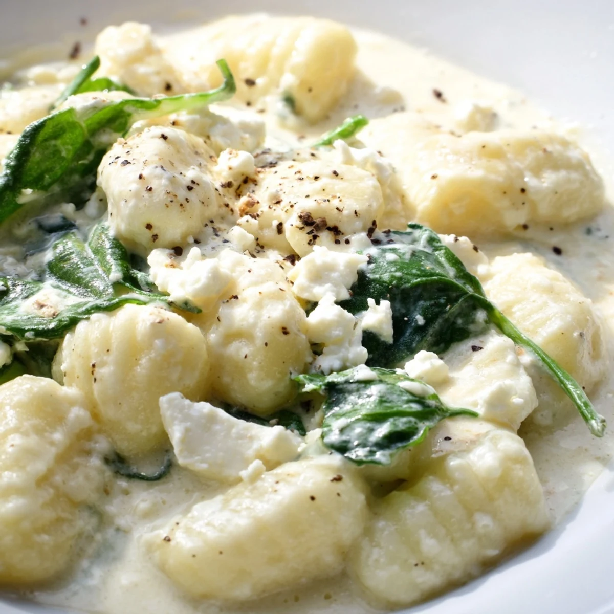 Creamy gnocchi with spinach and feta in a rich, bubbling Parmesan sauce