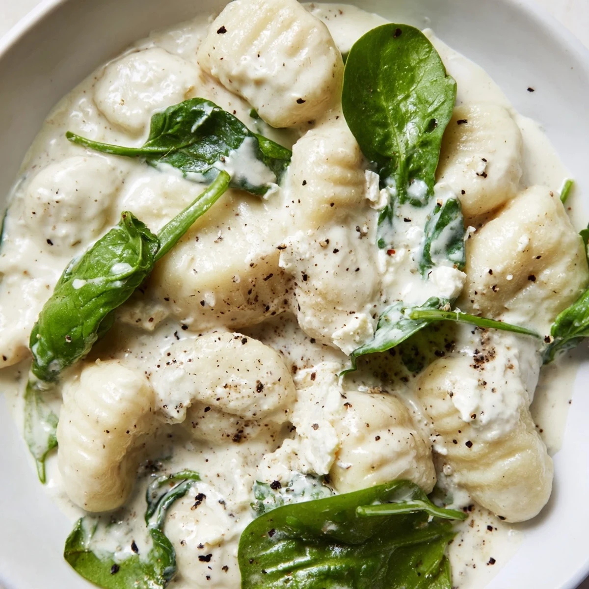 Golden pan-seared gnocchi nestled among wilted spinach leaves and tangy feta crumbles