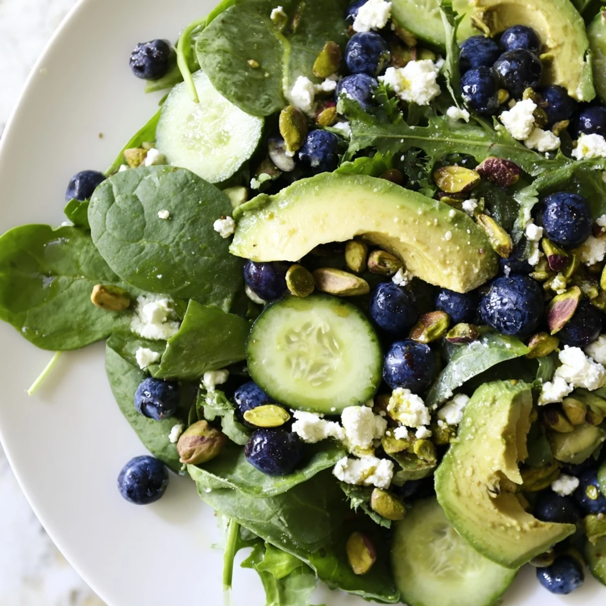 Blueberry Pistachio Spring Salad with fresh greens and creamy avocado in a bowl
