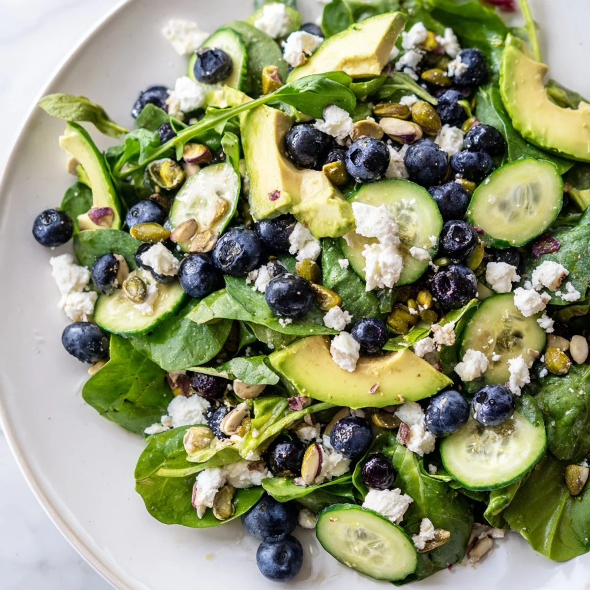 Crumbled feta and pistachios top this colorful Blueberry Pistachio Spring Salad platter