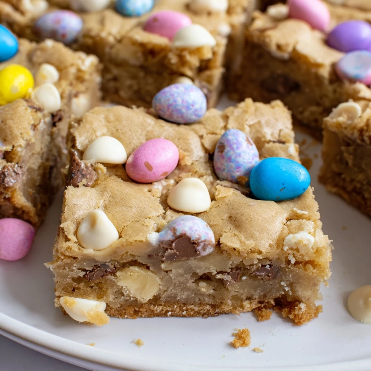 Golden, gooey Mini Cadbury Easter Egg Blondies topped with colorful candy eggs on a rustic cutting board