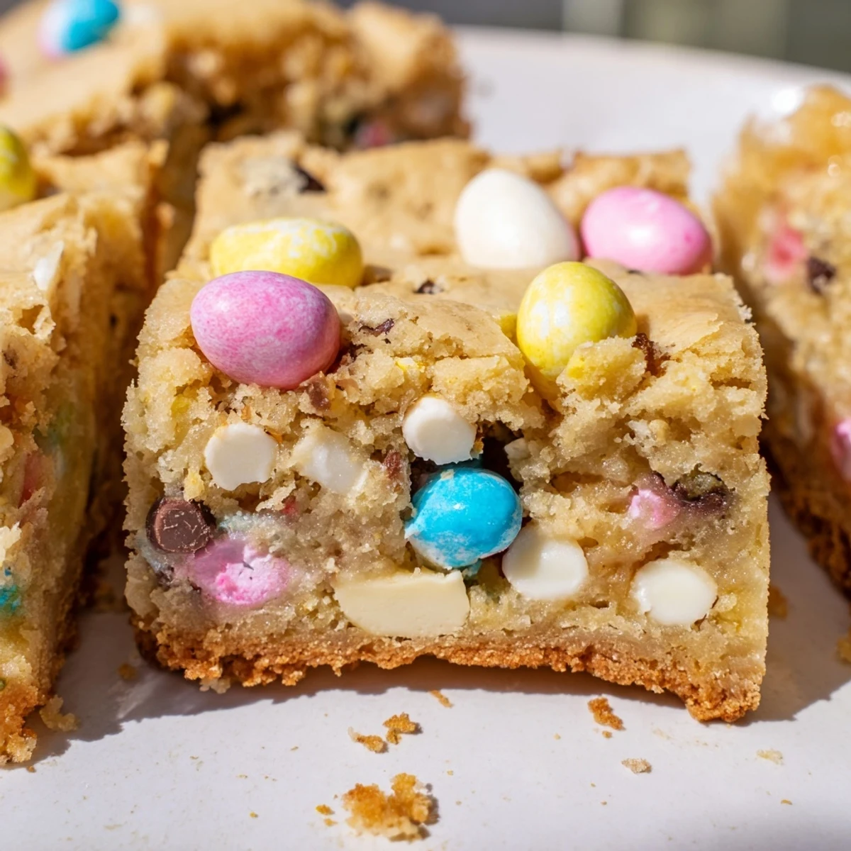 Chewy Mini Cadbury Easter Egg Blondies studded with chocolate chips and pastel candy pieces