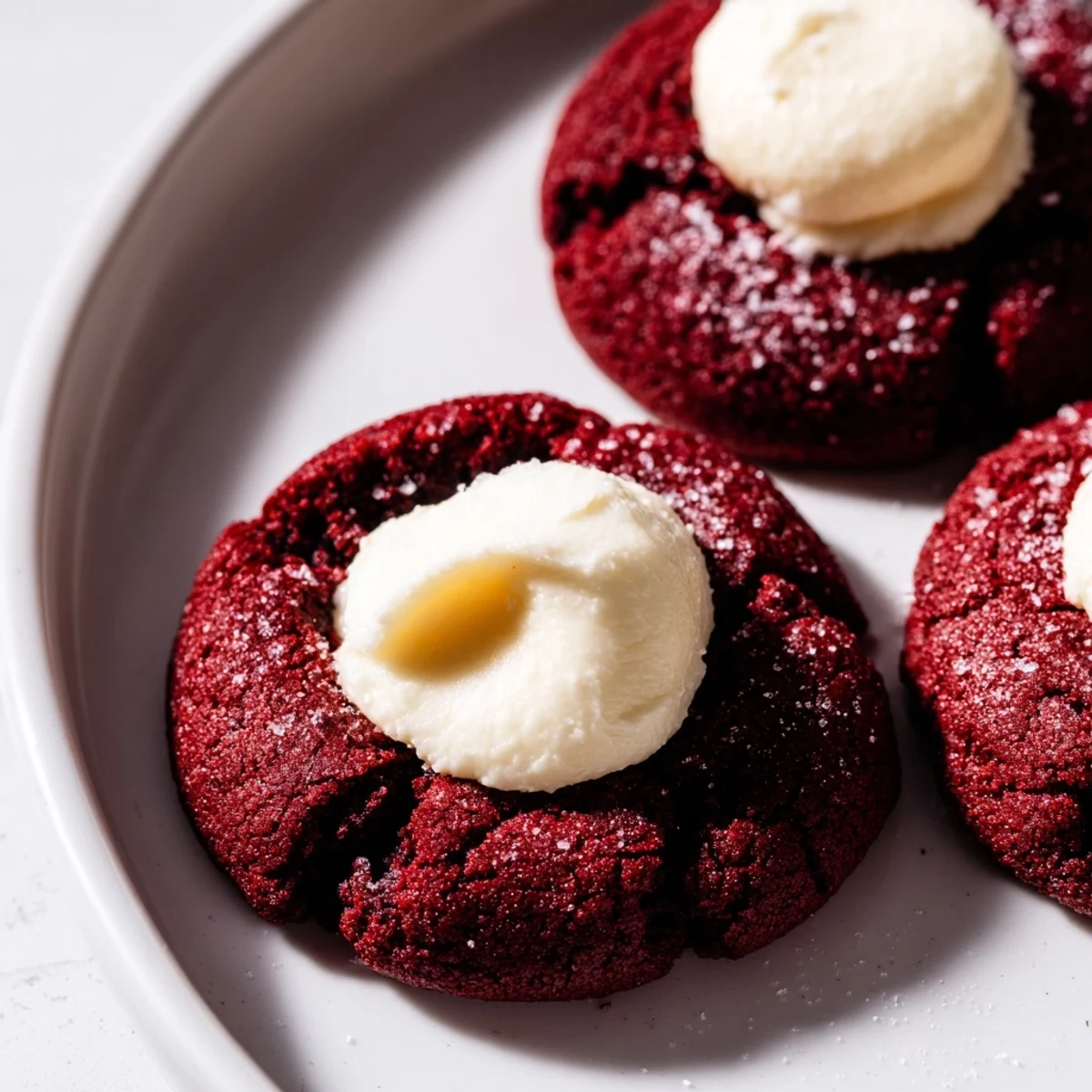 Red Velvet Thumbprint Cookies with creamy cheesecake filling nestled in soft, cocoa-infused centers