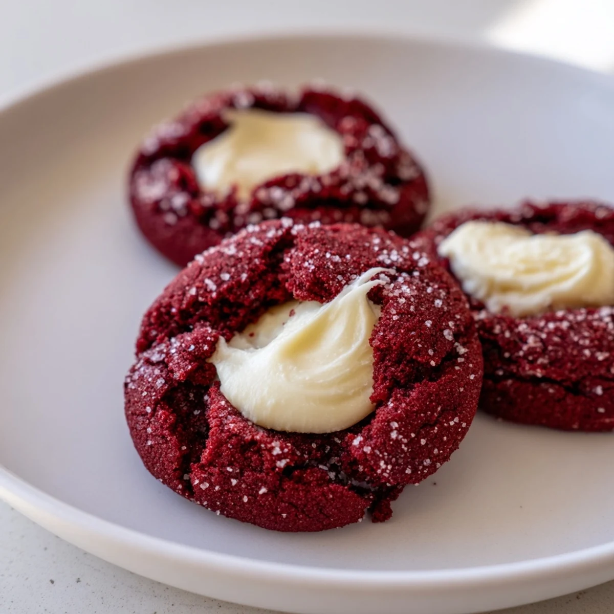 Bright red velvet cookies showcase tender crumb and luscious cream cheese filling for holiday dessert spreads