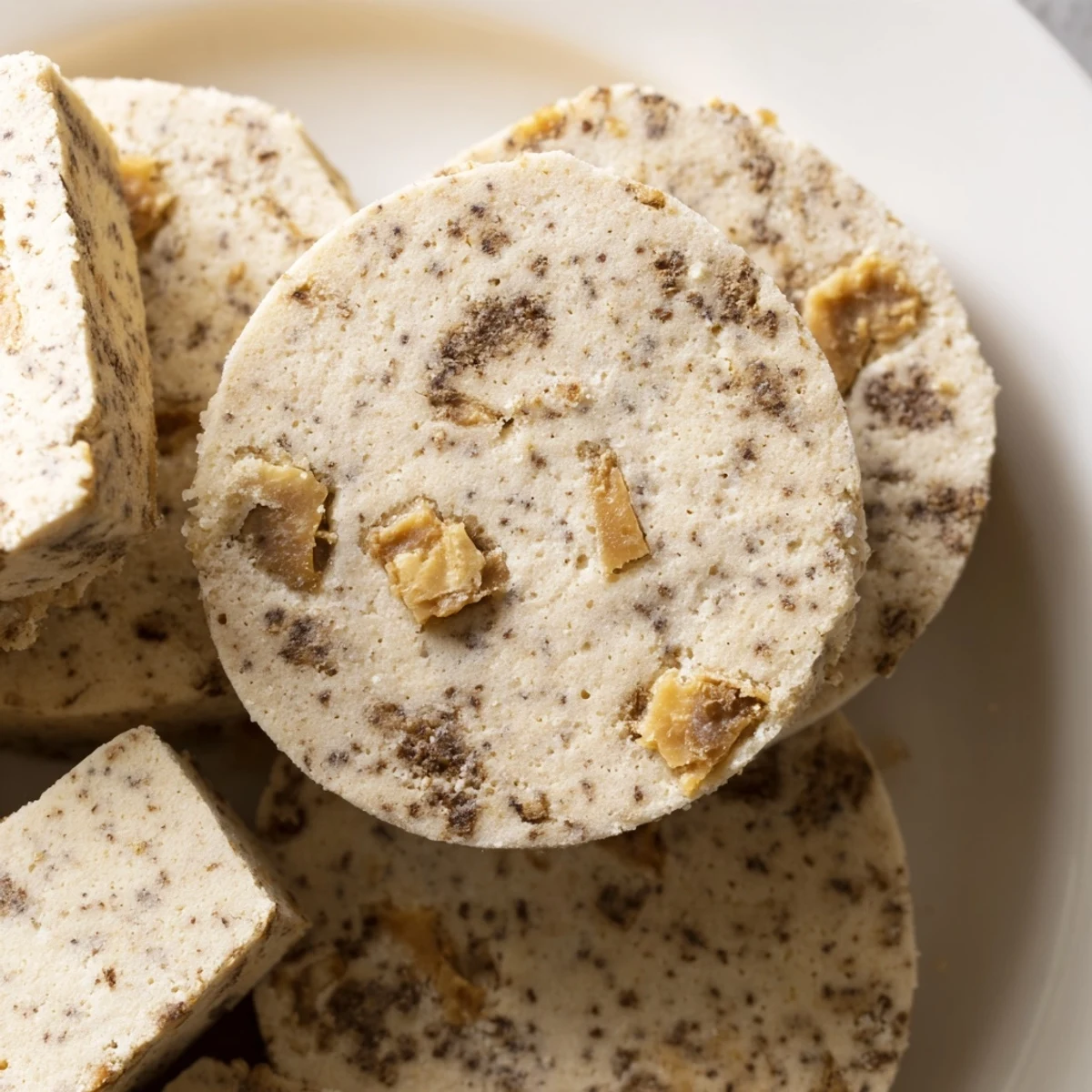 Espresso shortbread cookies with golden toffee chunks arranged on a rustic white ceramic plate
