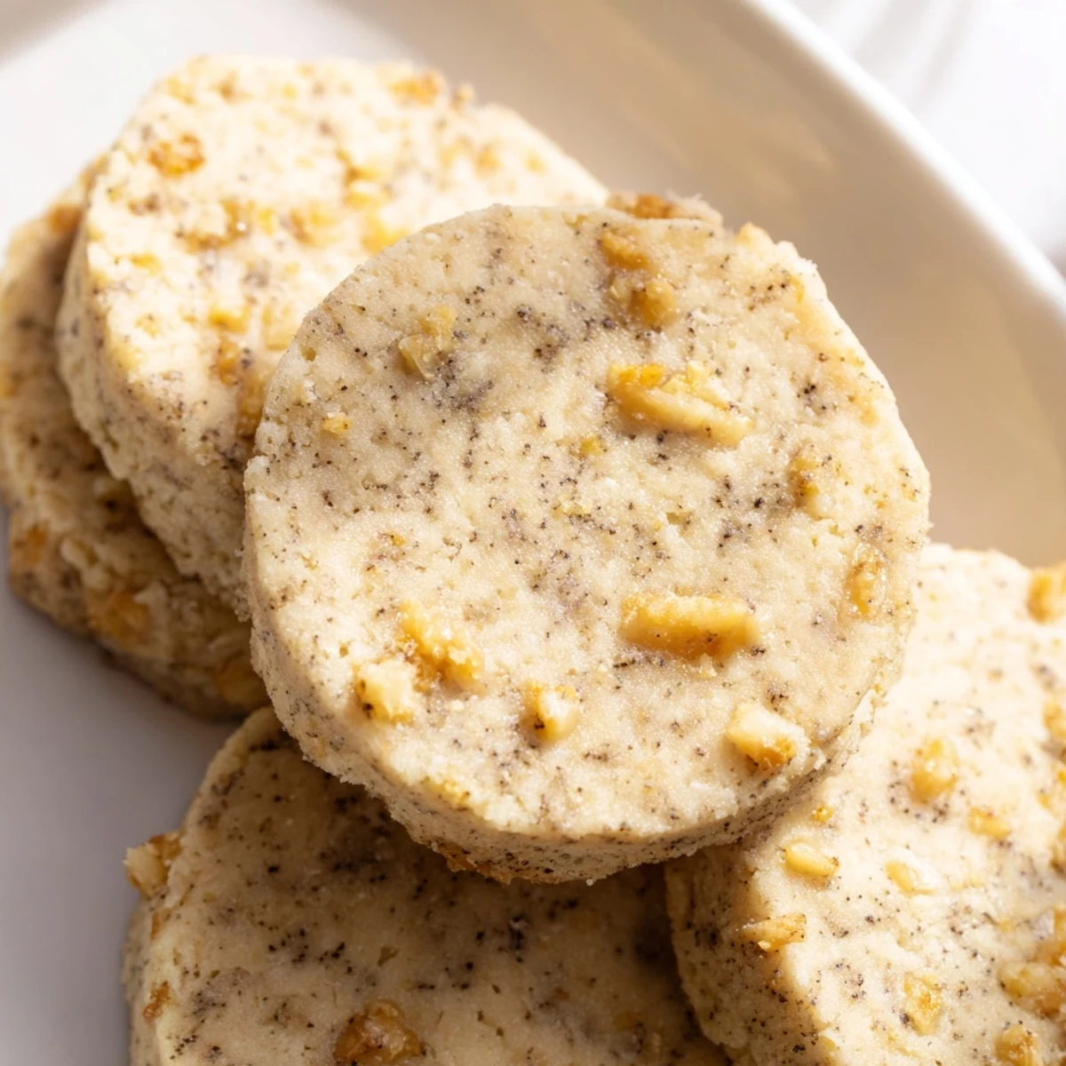 Crisp espresso shortbread cookies speckled with toffee bits served alongside a steaming coffee mug