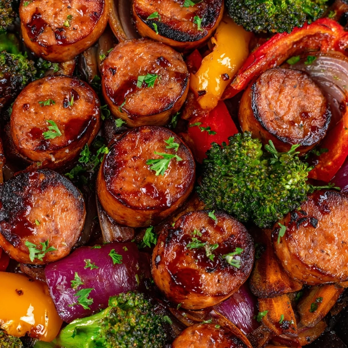 Honey garlic kielbasa and tender broccoli peppers glazed in sweet sticky sauce