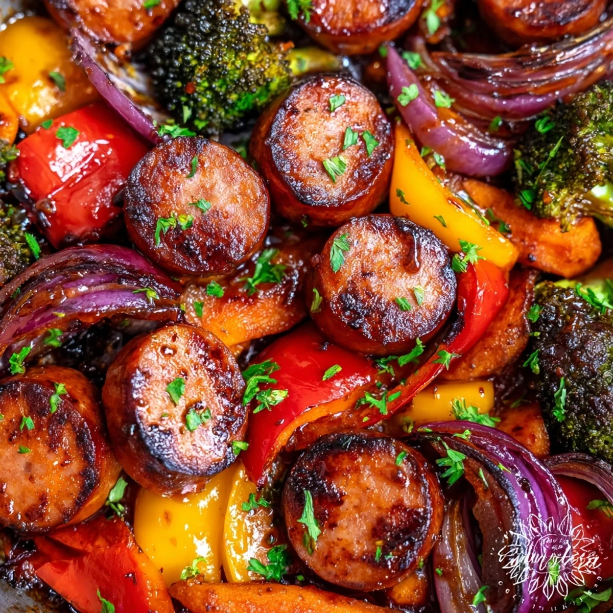 Caramelized honey garlic kielbasa with colorful roasted vegetables on a sheet pan