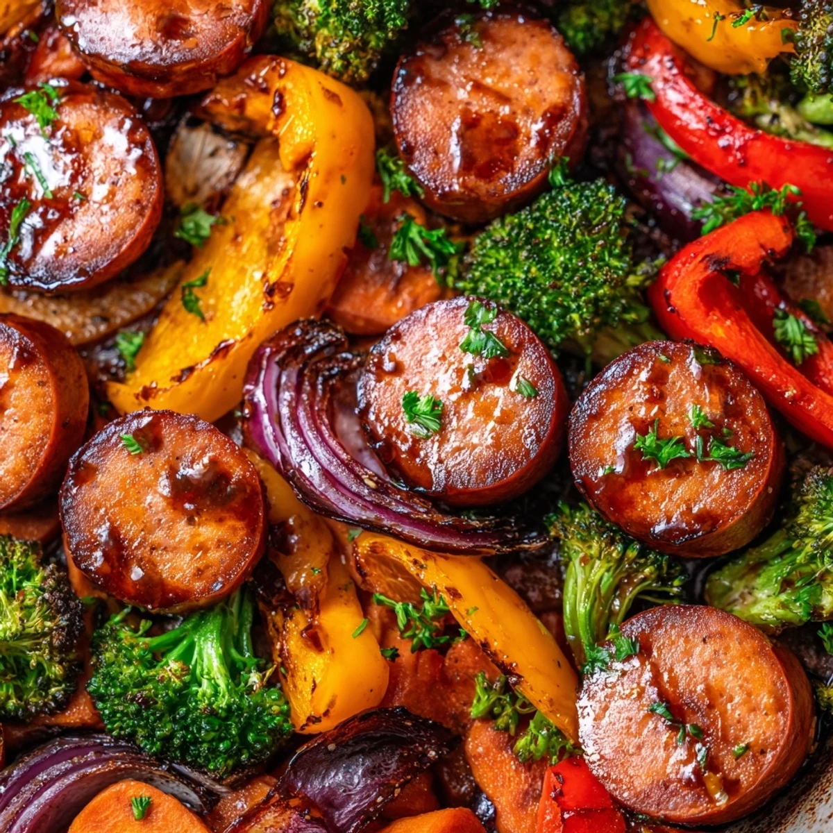 Smoky sausage and vibrant veggies glistening with honey garlic glaze fresh from oven