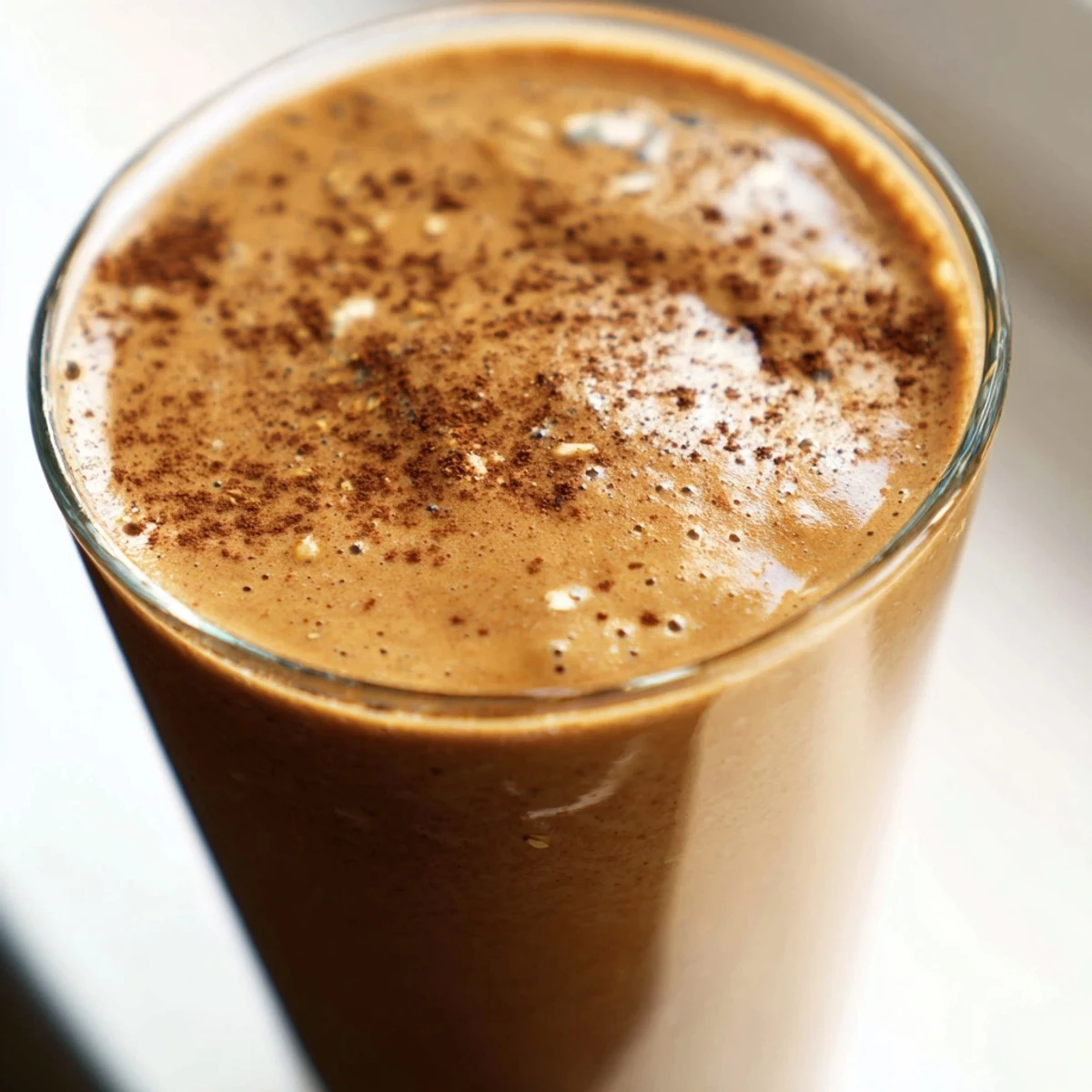 Creamy coffee smoothie topped with a dusting of cocoa powder in a glass