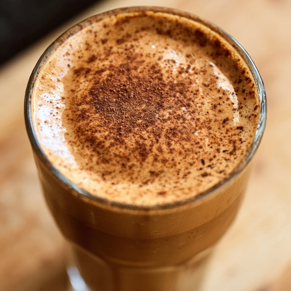 Frothy coffee smoothie blended with ripe banana and served in a mason jar